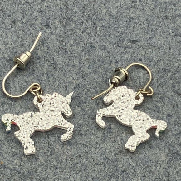 Unicorn Dangle Pierced Earrings Clear Glitter Rainbow Silver Retro 80s Pride - Picture 5 of 5